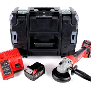 Zertifiziert Milwaukee HD 18 AG - 502 Akku Winkelschleifer 115 mm in Stanley TSTAK Box + 2x M18 B5 5,0 Ah Akku + M12-18C Ladegerät