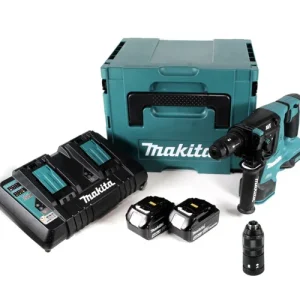 Zertifiziert Makita DHR 281 PMJ Brushless Akku Bohrhammer 28 mm 2x 18 V für SDS-PLUS mit Schnellwechselfutter im Makpac + 2x 4,0 Ah Akku + Doppelladegerät